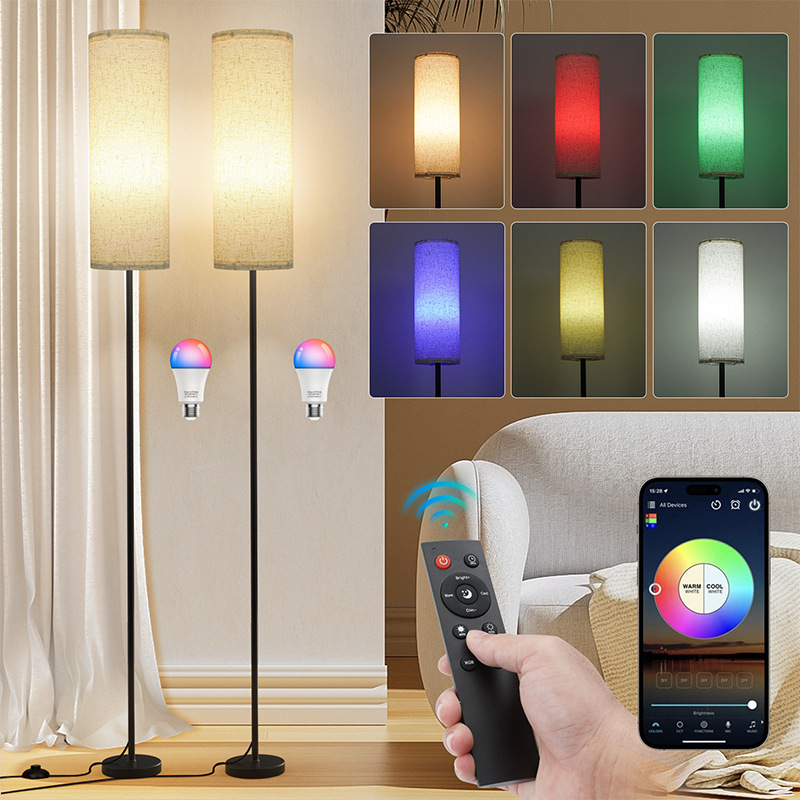 Lámpara de Pie de Tubo Largo de Hierro y Tela, Luz LED, para Sala de Estar y Dormitorio