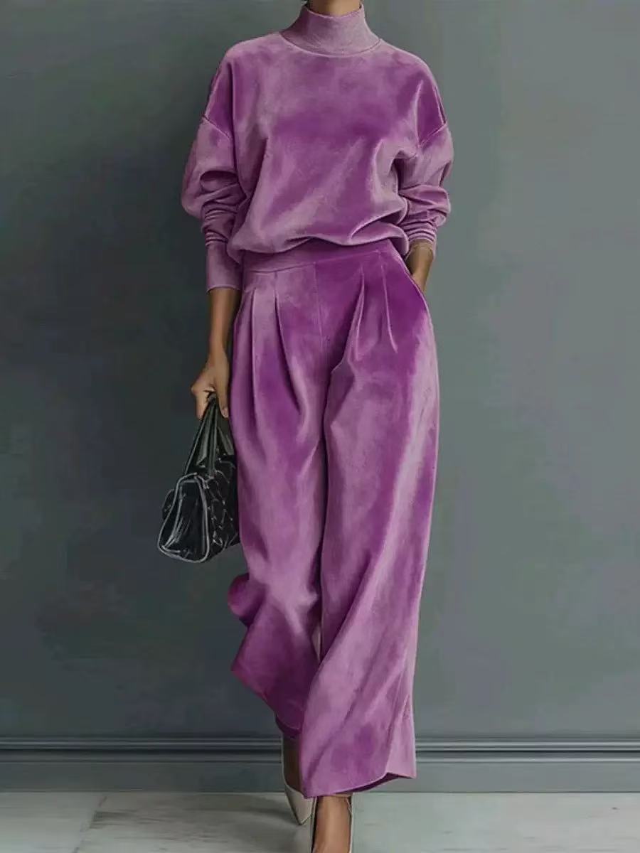 Damen Strick Zweiteiler Set Langarm Oberteil Und Weite Hose_voghion.com