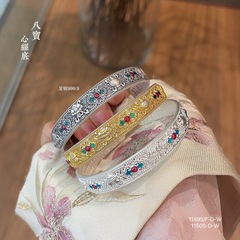銀巻風純銀999.9エナメル八宝心経底開き純銀ブレスレット、新中式、彼女へのギフト