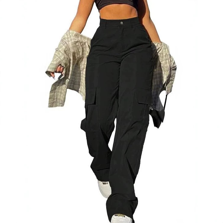 Amazon's new high-waisted straight-leg pants are casual, versatile, solid-colored, multi-pocket, semi-elastic waist women's European and American work pants Amazon's new high-waisted straight-leg pants are casual, versatile, solid-colored, multi-pocket, semi-elastic waist women's European and American work pants