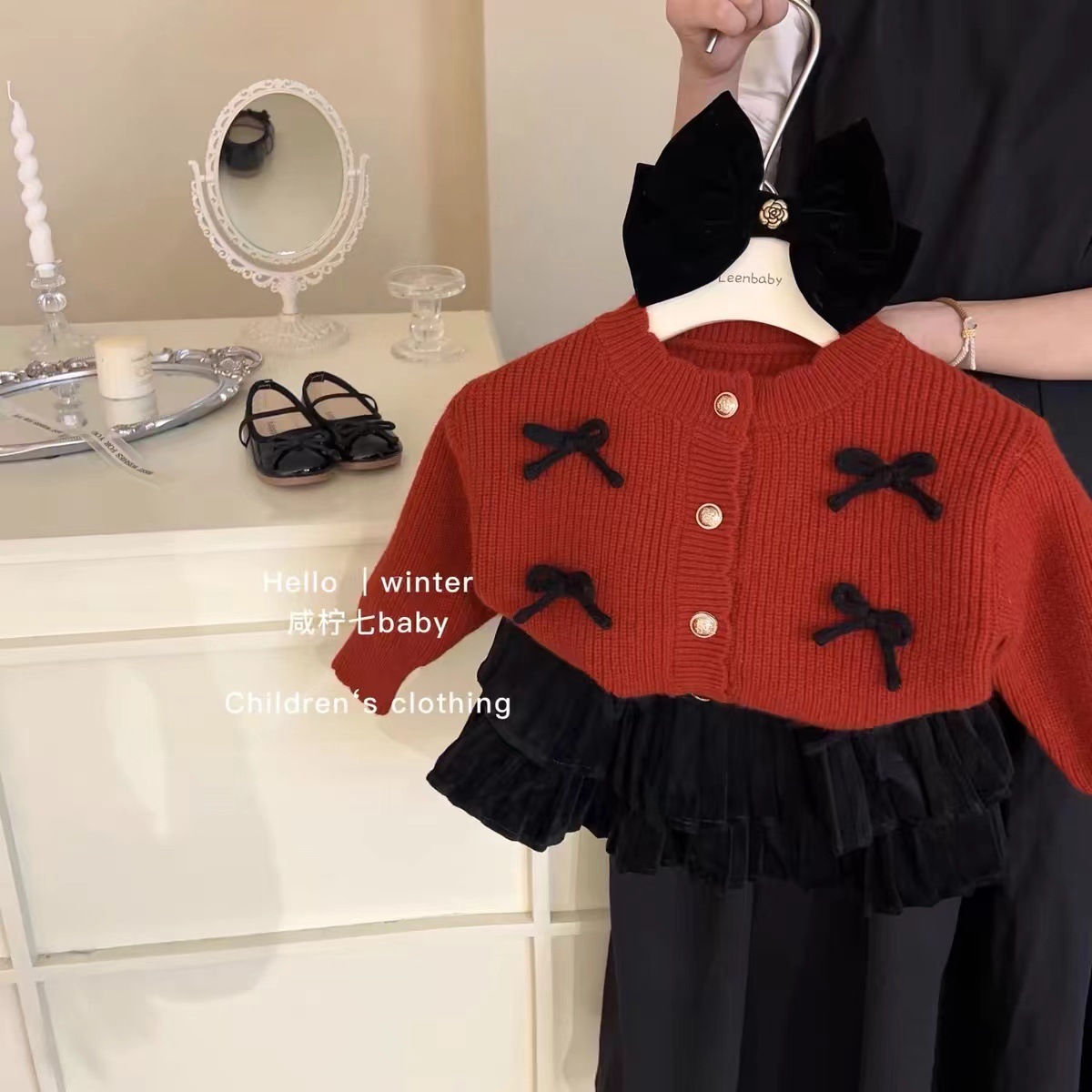 Demi-season cute red knitted children's cardigan girl's with bow