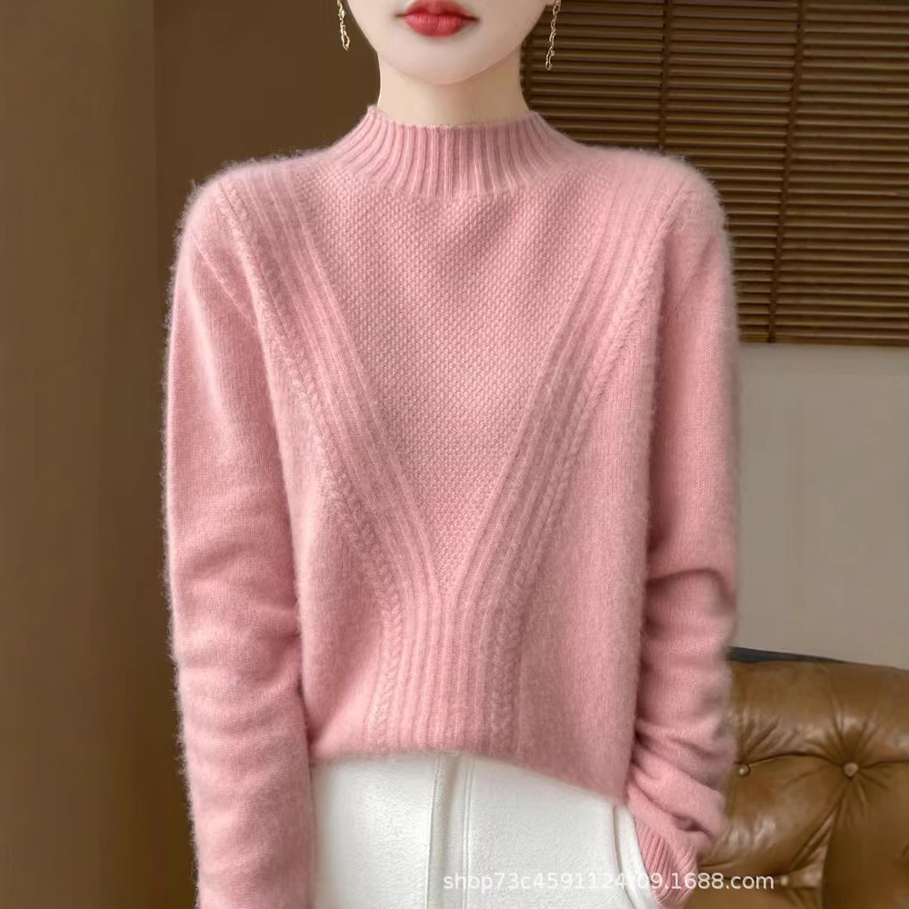 가을과 겨울 2024 새로운 순수 울 7 핀 두껍게 첫 번째 라인 기성복 세미 하이 크루 넥 스웨터 긴소매 여성용 스웨터