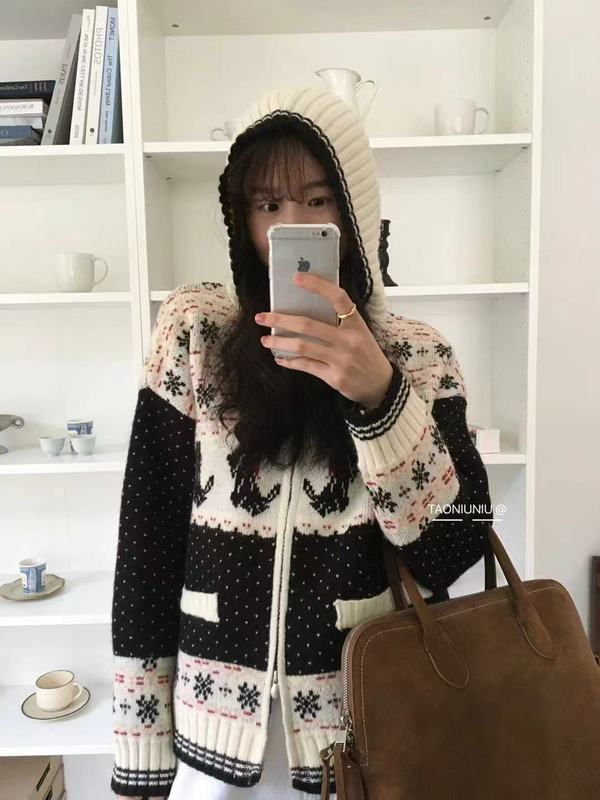 法式复古费尔岛连帽长袖毛衣女2025新款宽松百搭显瘦针织衫上衣潮|undefined
