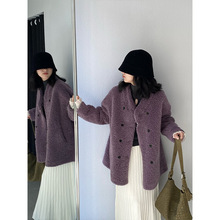 江左 2025冬季高品质羊羔毛女装双排扣中长款泰迪熊保暖大衣 6391