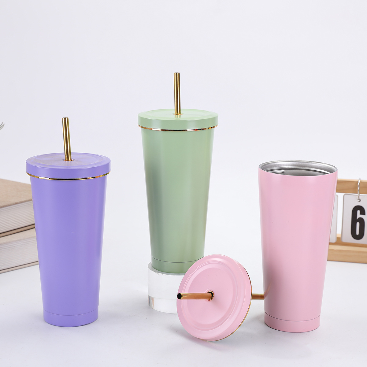Taza de paja de acero inoxidable de doble capa de gran capacidad 750ml taza de café de perla vacío de mano taza de automóvil de hielo