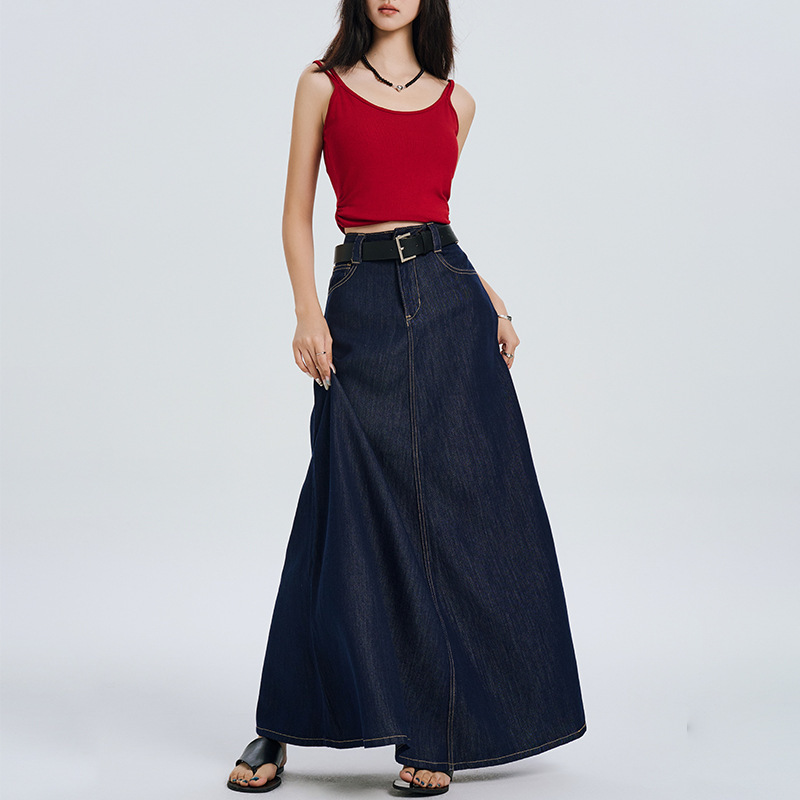 dark blue Thin Denim Skirt Women's Summer High Waist Retro Elegant Slimming Mid-length Umbrella Skirt A- line Skirt dark blue Thin Denim Skirt Women's Summer High Waist Retro Elegant Slimming Mid-length Umbrella Skirt A- line Skirt