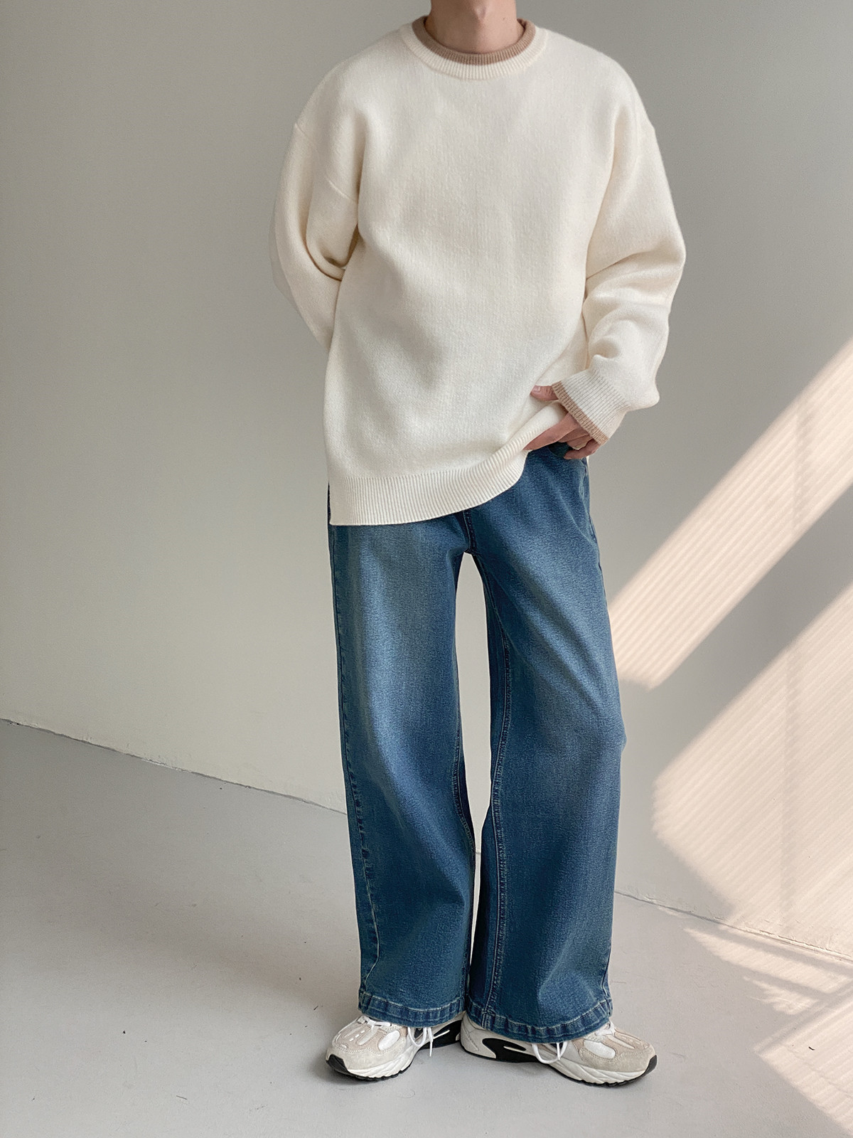 Cuello contraste Color Otoño e Invierno Nuevo suéter cuello redondo de los hombres color cálido suéter de desgaste exterior suelto estilo coreano de los hombres de moda de fondo