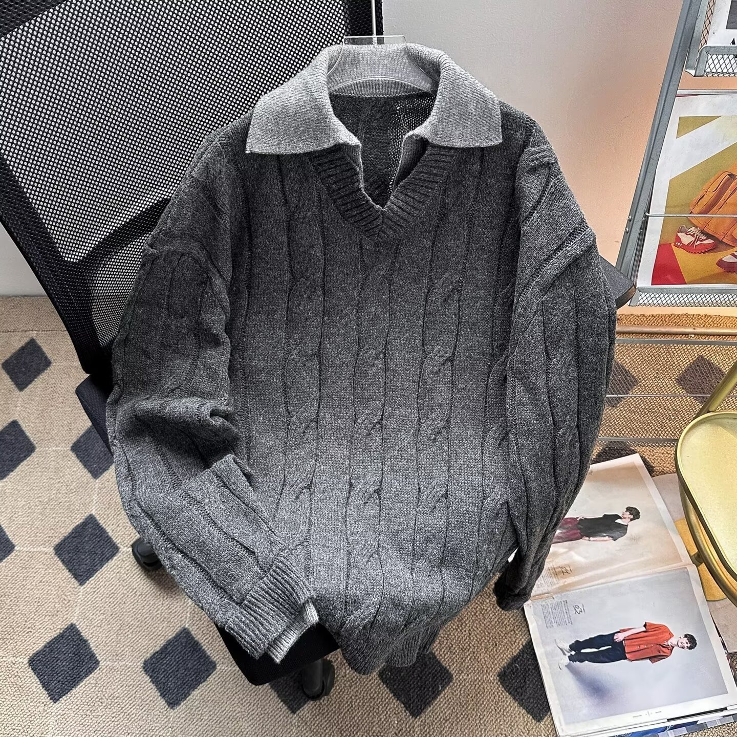 American-Style Autumn and Winter Two-Piece P0L0 Shirt, Cable Knit Pullover Sweater, Japanese Casual Base Couple Trendy Brand Knitwear