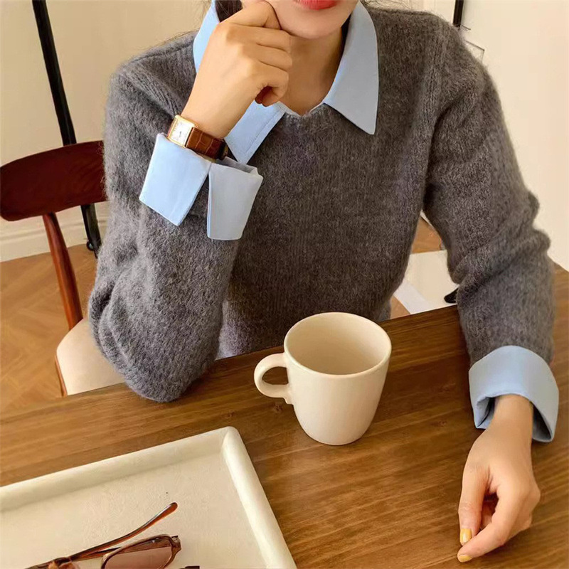 日系拼接衬衫领假两件针织衫外穿秋冬新款毛衣显瘦百搭毛衣女上衣|undefined