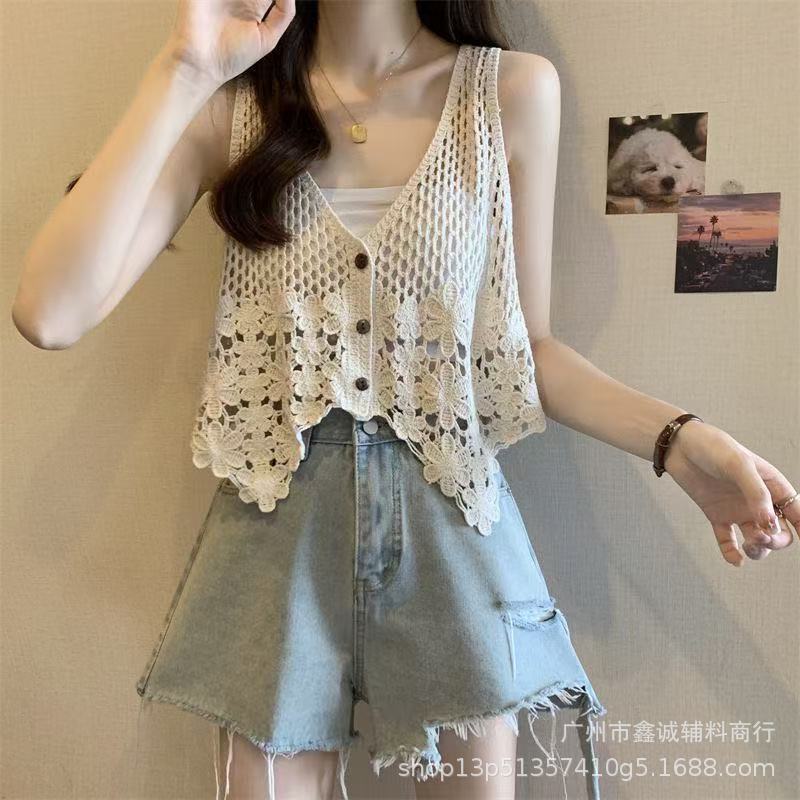 Short Cardigan Top Women's Outfit Sleeveless Hollow-out Waistcoat All-match Outing Vest Jacket Women's Loose Vest