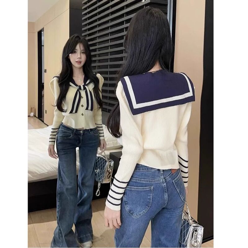 Spice Girls Navy Collar Korean V-neck Contrast Sweater Fashion Niche Unique Chic Long Sleeve Sweater Top ISN Women