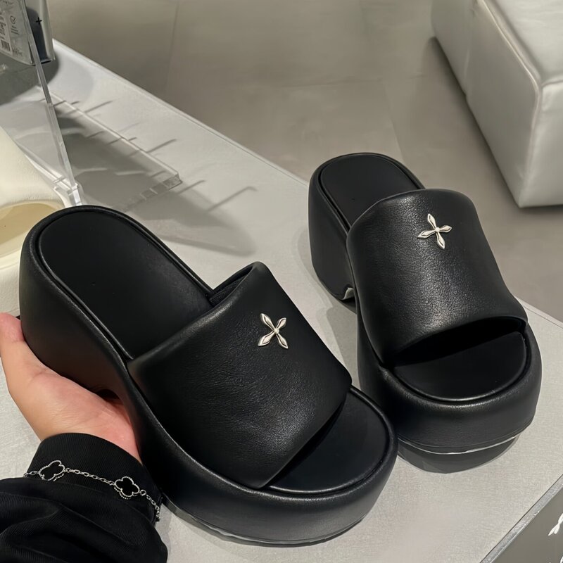 Cross-Strap High-Heeled 8.5cm Black Platform Leather Slippers for Women, Trendy Thick-Soled Height-Increasing Slip-Ons Cross-Strap High-Heeled 8.5cm Black Platform Leather Slippers for Women, Trendy Thick-Soled Height-Increasing Slip-Ons