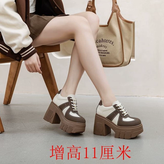 Новые весенне-осенние туфли 11cm на толстом каблуке и платформе из натуральной кожи для женщин небольшого роста.