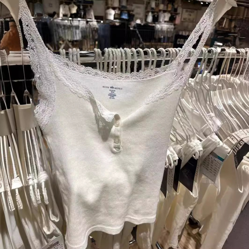 Bm Style American Lace Trim Buttoned Camisole for Women, Bm Inner Wear Cotton Ribbed Tank Top for Summer Outerwear