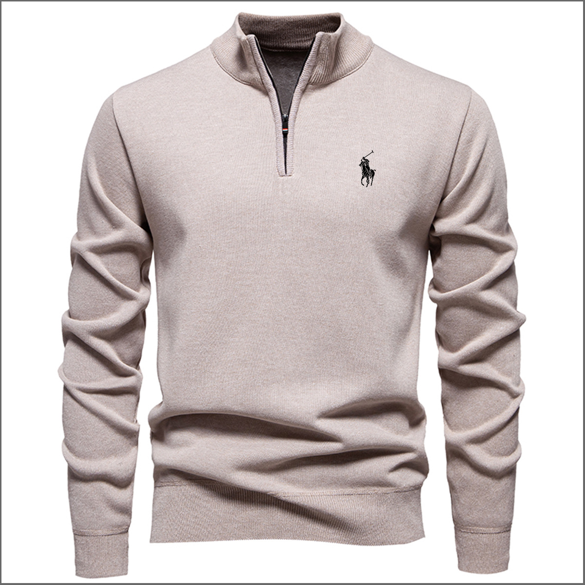 Cross-Border Men's Clothing 2025 New Men's Sweater with Pony Logo, Stand Collar, Half-Zip, Slim-Fit Knit Top for Men