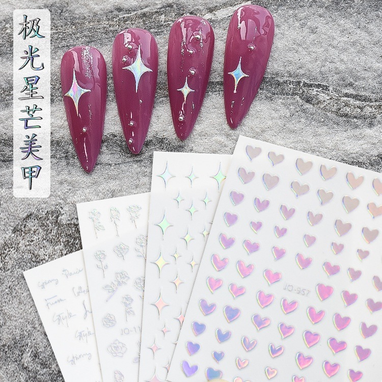 Nail sticker with star, rose, heart, smile design, iridescent aurora nail sticker, 2022 new back adhesive sticker