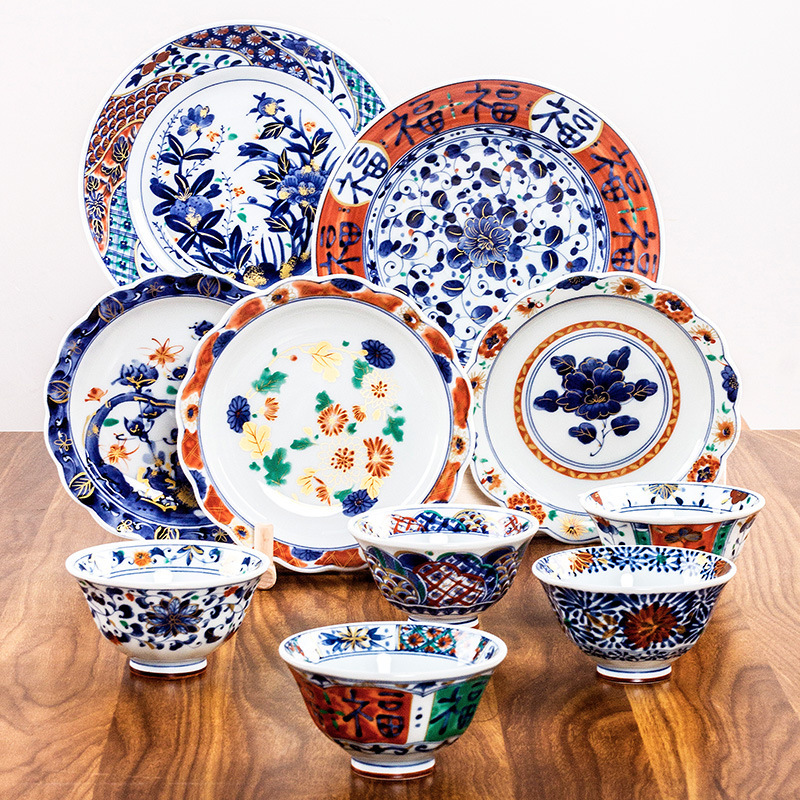 Japanese blue Lintang blue and white antique romantic rice bowl ceramic plate large and deep dish household tableware gift box suit