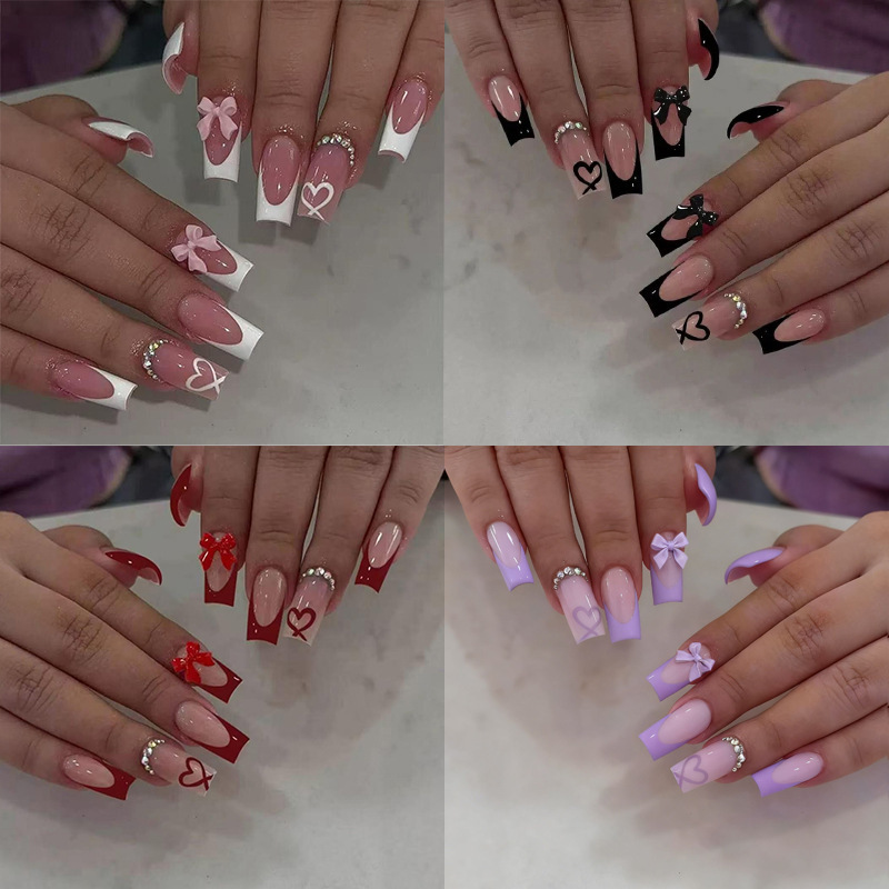 European and American Foreign Trade Hot-Selling 24-Piece French-Style Nail Art with Heart-Shaped Bow and Rhinestones, Medium-Length Square Shape, High-End Wearable Nails Wholesale European and American Foreign Trade Hot-Selling 24-Piece French-Style Nail Art with Heart-Shaped Bow and Rhinestones, Medium-Length Square Shape, High-End Wearable Nails Wholesale