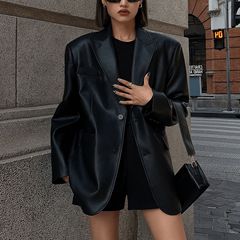 复古宽松黑色PU皮衣西装外套女2025秋季新款高级质感休闲西服上衣
