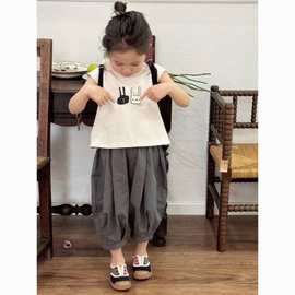 女童夏季短袖圆领纯色吸汗新款百搭上衣宽松阔腿裤两件套洋气套装