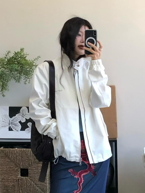 漂亮早秋外套女秋季宽松设计感休闲简约立领刺绣运动夹克上衣|undefined
