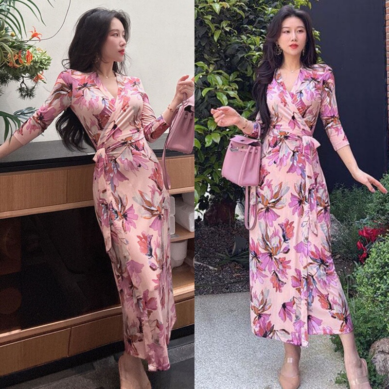 French Resort-Style Soft Pink Printed Dress 2026 Spring New One-Piece Tie-Up Slimming Mid-Length Wrap Dress