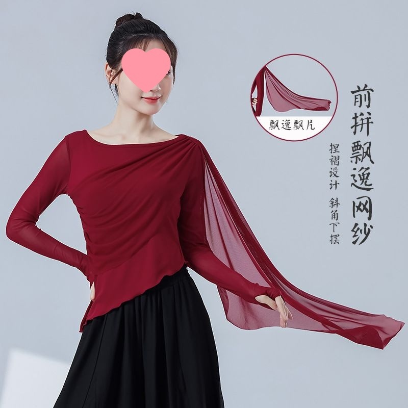Modern Dance Female Dancer's Mesh Patchwork Irregular Long-Sleeve Top, Daily Physical Training Clothing for Dancers, Classical Dance Practice Outfit