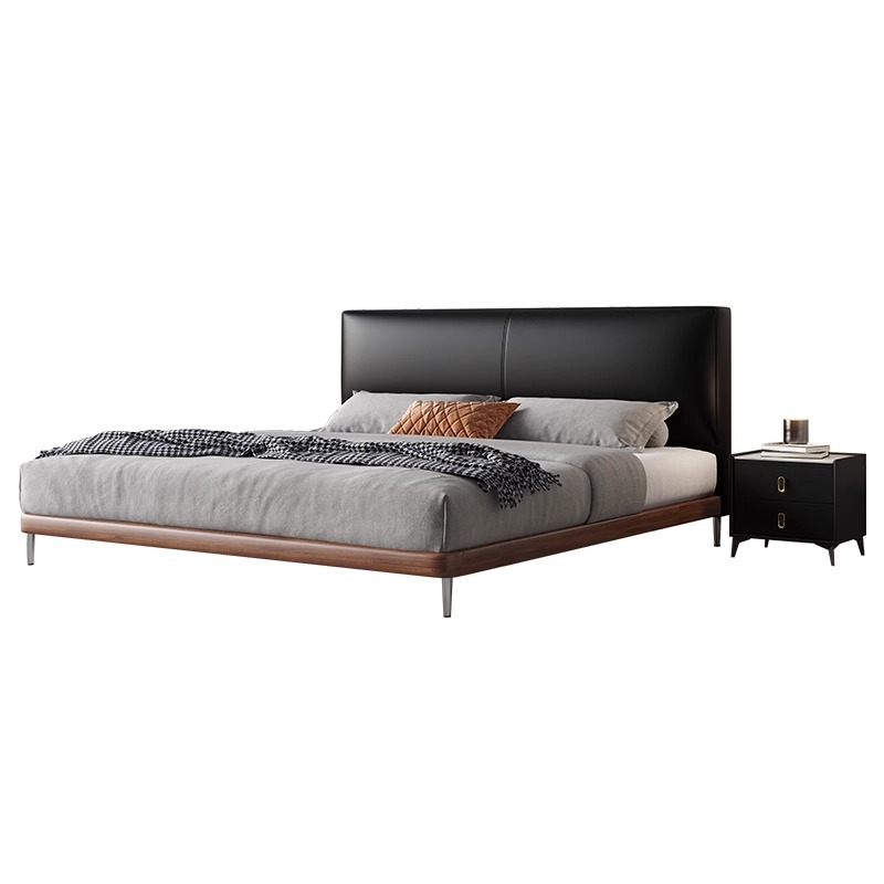 Cama de cuero minimalista italiana, estilo antiguo, dormitorio principal moderno, bloques de tofu, cama de paquete suave negra, atmósfera de alta gama.
