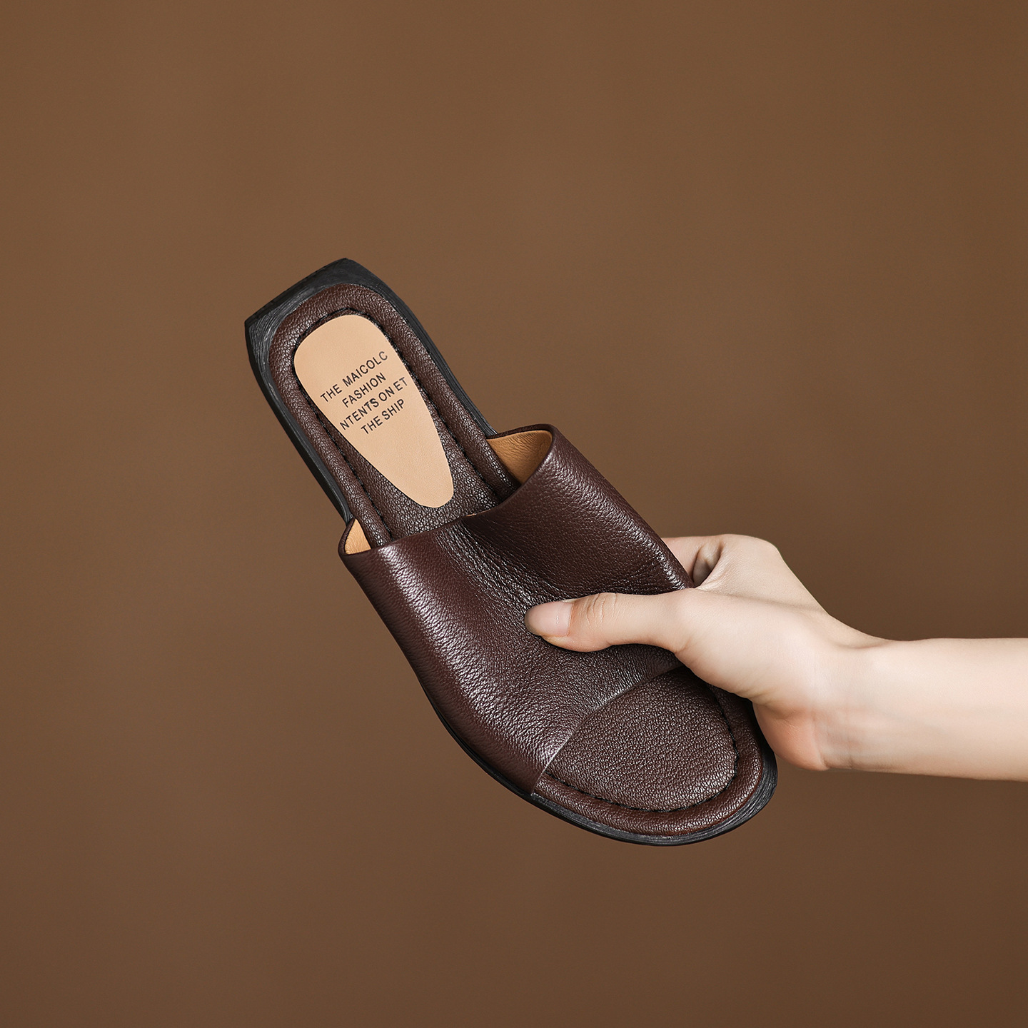 Sandal hở mũi nữ gót thấp da dê mũi vuông quai ngang — màu nâu chi tiết 5