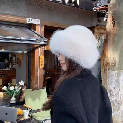 Fuzzy Mongolian Hat for Girls, Autumn and Winter Cold Protection, White Warm Insulation, Solid Color Bucket Hat, Ear Protection Hat, Fox Fur Fisherman Hat, Fluffy
