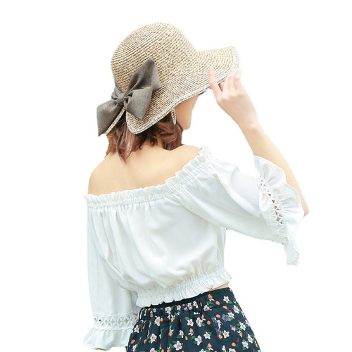 Korean Style Fashion Women's Sun Hat Summer Vacation Sun Protection Hat with Split Brim and Bow Tying Grass Hat Wholesale