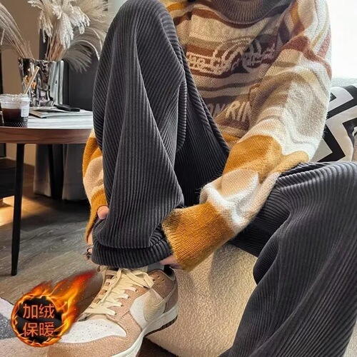 Velvet thick corduroy pants for men's autumn and winter fashion brand hanging straight loose wide-leg pants, retro casual sports pants