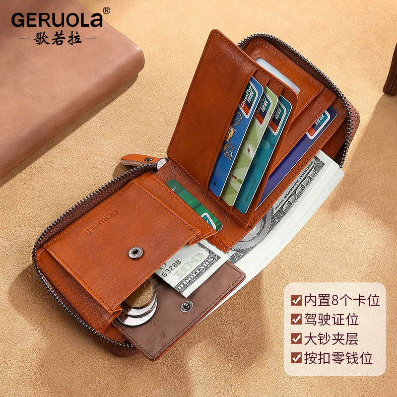 Cartera para hombre 2025 nuevo estilo de cuero genuino con cremallera billetera de cambio billetera de una pieza clip corto de moda para hombre