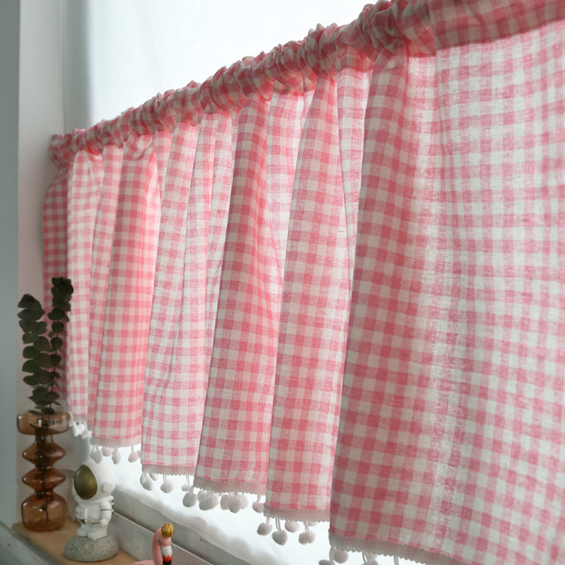 Korean Pink Plaid Fresh Cotton and Linen Curtain Kitchen Half Curtain Short Curtain Wearing Rod Curtain Punch-Free Decorative Curtain Head