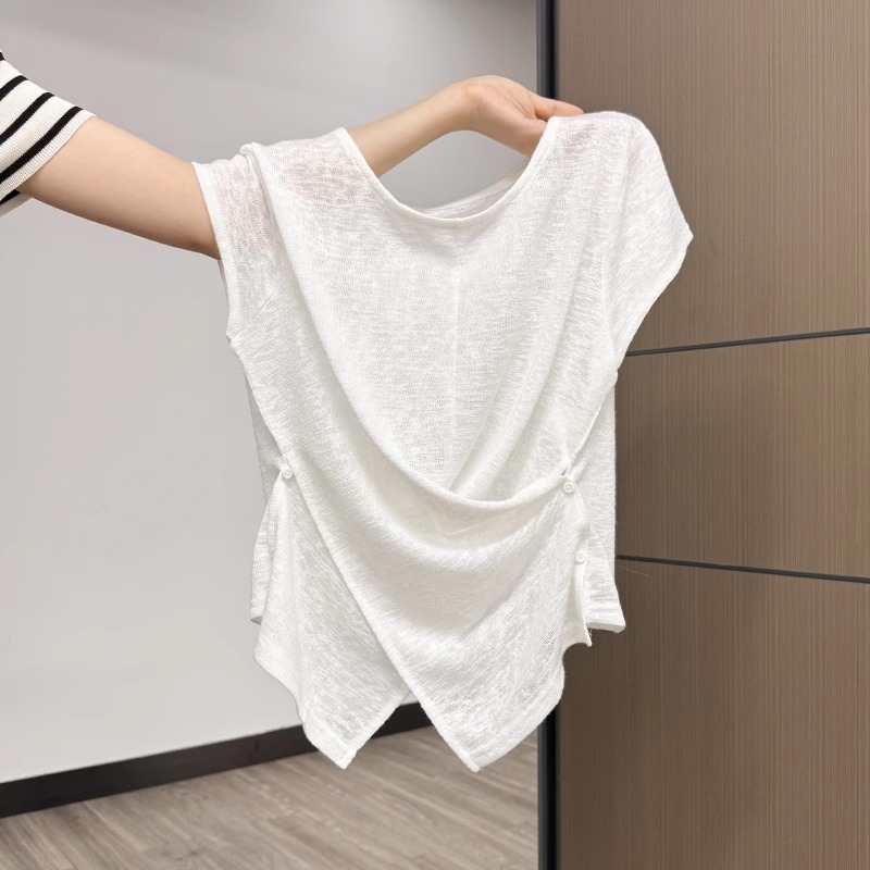 화이트 디자인 센스 올 매치 라운드 넥 반팔 티셔츠 여성 여름 뉴 웨스턴 스타일 불규칙한 슬림 핏 아름다운 셔츠