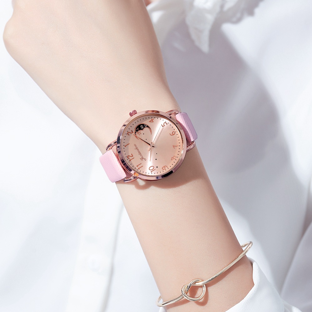 Orologio da studente in oro rosa con cinturino minimalista da donna con motivo stella lunare, nuovo prodotto caldo e alla moda 2024_voghion.com