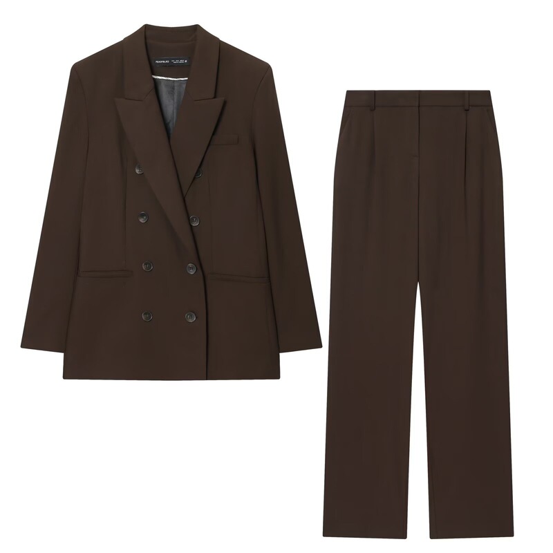 Zr Women's European and American Style 2025 Autumn New Commuting Double-Breasted Blazer with Shoulder Pads + Pleated Straight-Leg Pants