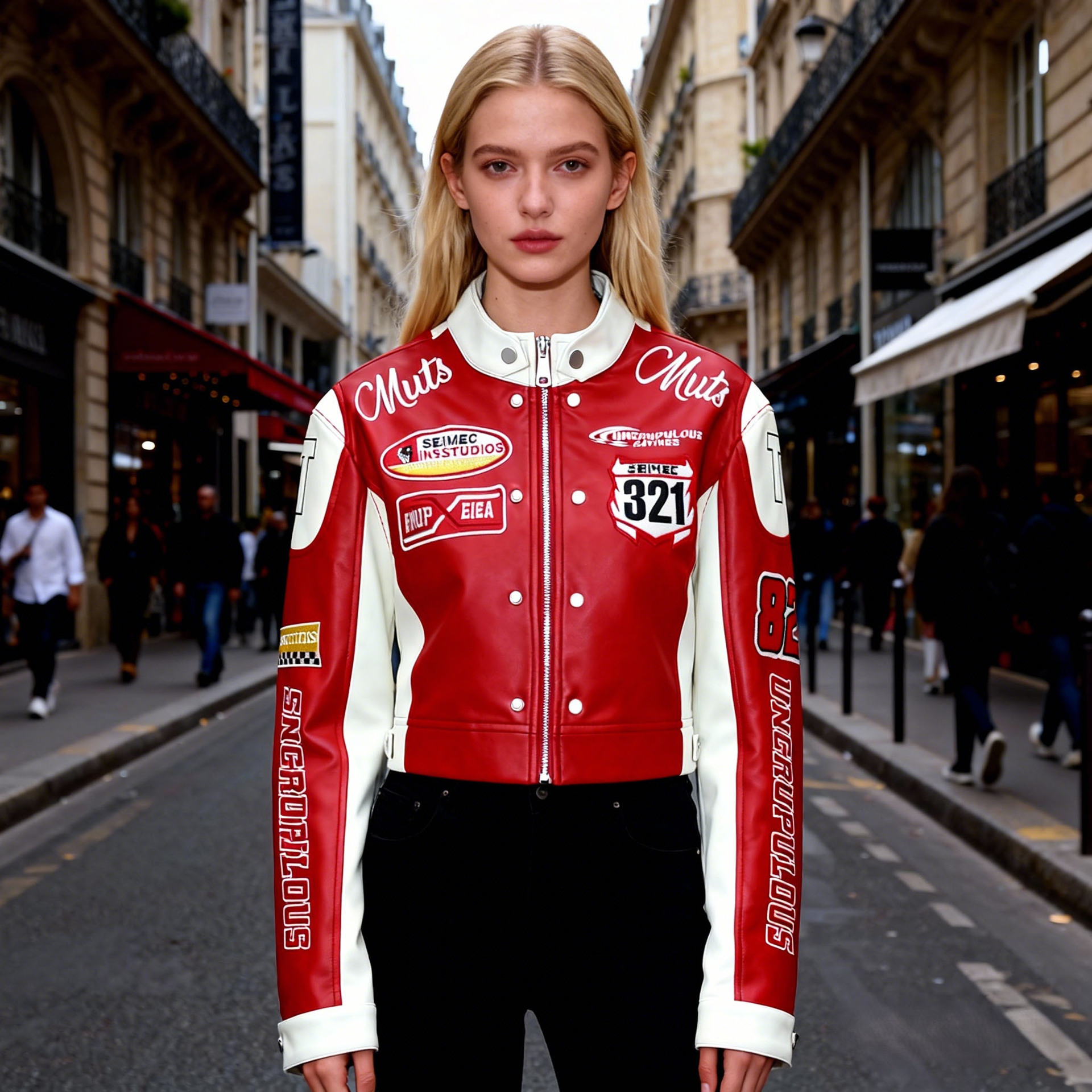 Cross-Border Hot-Selling Pu Motorcycle Leather Jacket for Women with Stand Collar, Contrasting Color Stitching, Imitation Racing Suit, Slim Jacket, Thin Spring & Fall Jacket