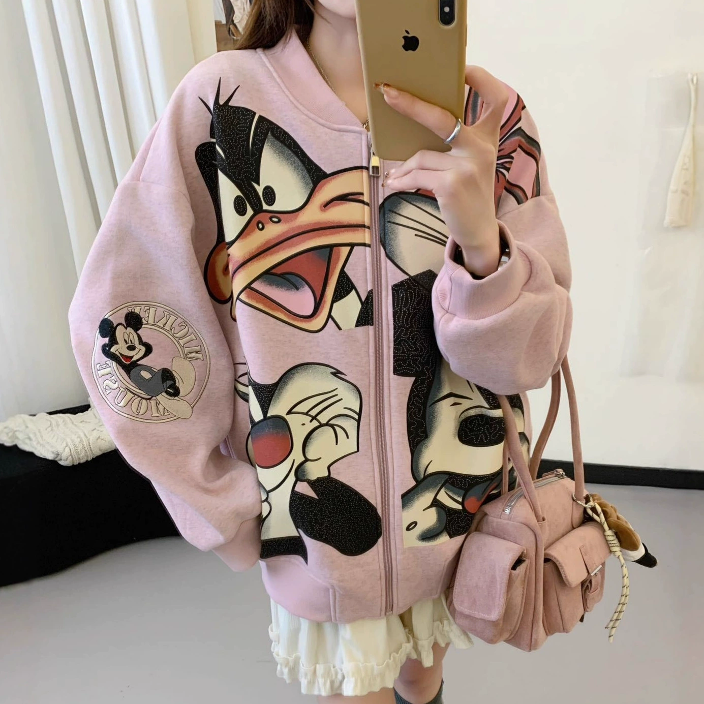 欧货潮牌刺绣卡通加绒棒球服无感印花2025冬季宽松百搭夹克女上衣