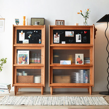 北欧实木杂志柜樱桃木玻璃门黑板书柜日式黑胡桃木多功能储物边柜