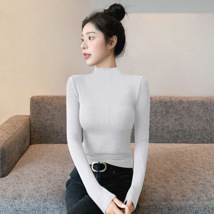 2025年秋冬新款紧身半高领长袖洋气t恤女打底衫内搭加绒中领上衣|undefined
