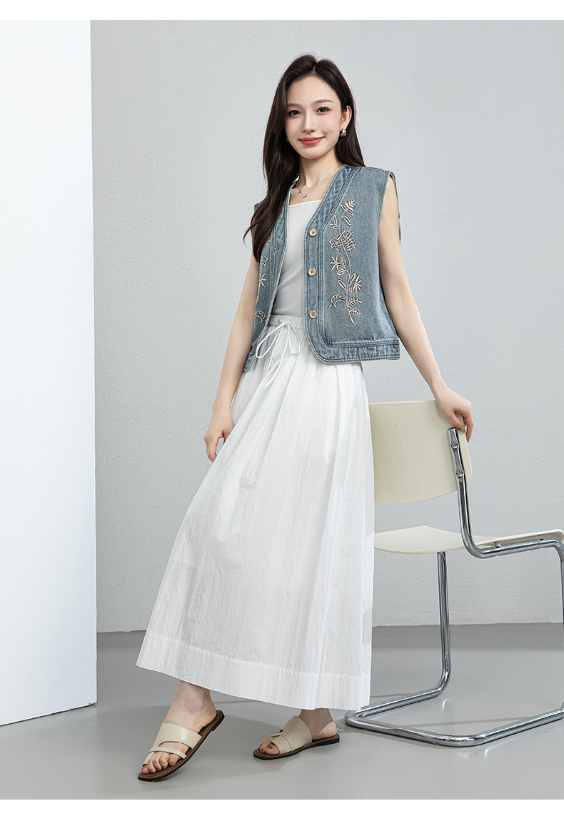 Áo vest denim thêu hoa nữ không tay, phong cách rộng thoải mái — xanh lam chi tiết 18