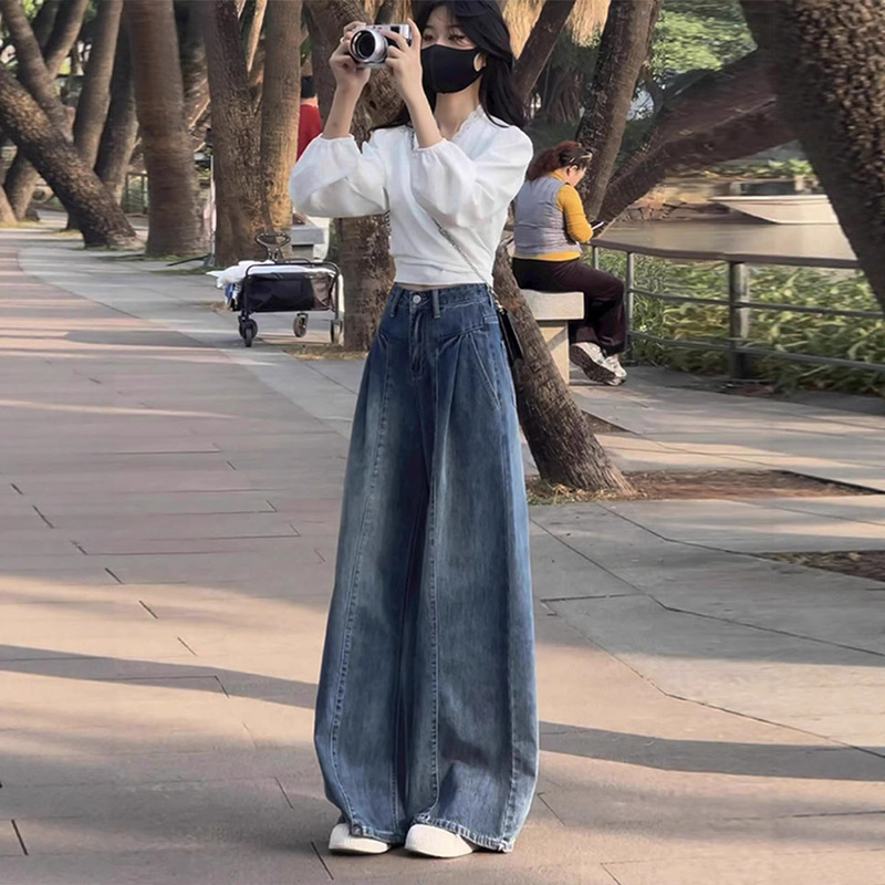 Women's Wide-Leg Jeans, Straight-Cut, High-Waisted, Loose Fit, Spring/Summer, Drapey, Slimming Effect