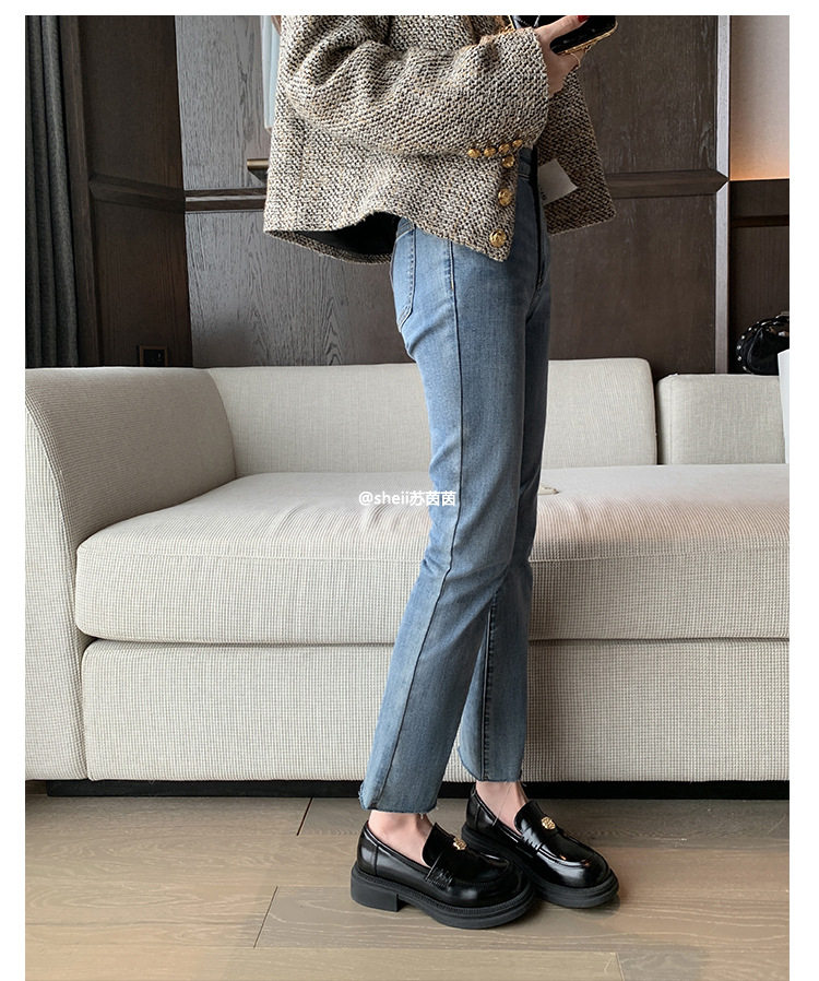Giày lười nữ đế dày mũi tròn gắn khóa đồng xu nhỏ, giày da đơn gót thô 3–5 cm — Màu đen (lót nhung), Màu đen (trong da) chi tiết 20