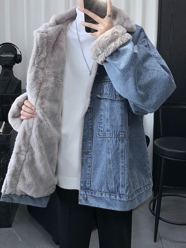 Men's Winter Thickened Fleece Denim Jacket with Faux Rabbit Fur, Lamb Fleece Collar, Warm Cotton Coat for Winter