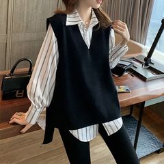 大码胖妹妹显瘦长袖条纹衬衫两件套女遮肚子设计感马甲针织衫上衣