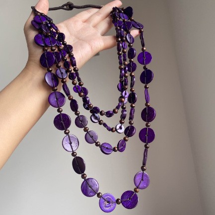 Ethnic purple woven necklace with tassels handmade
