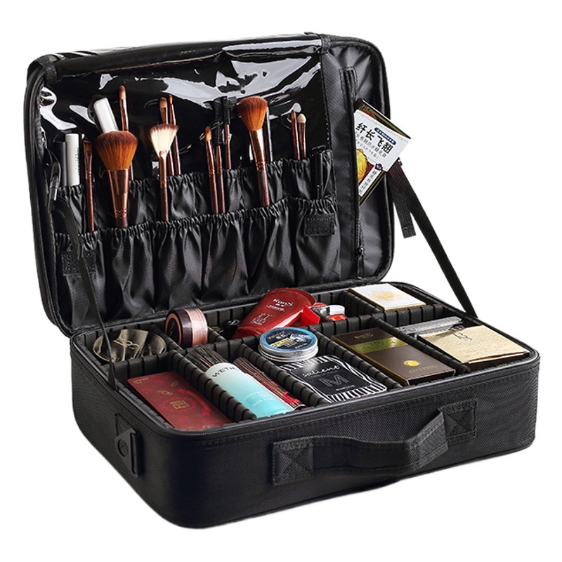 Bolsa de cosméticos multicapa, gran capacidad, caja de herramientas ligera extra grande con espejo, bolsa de almacenamiento portátil profesional grande