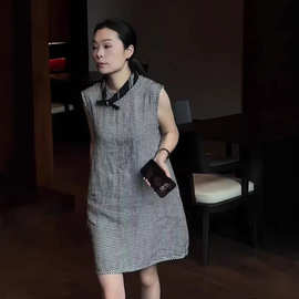 2025夏韩版宽松显瘦减龄色织汉麻圆领毛边无袖中长款连衣裙女2579