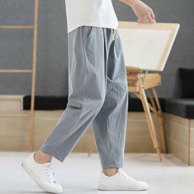 Pantalones, pantalones casuales para hombre, pantalones de lino finos de primavera y otoño, pantalones anchos sueltos rectos, pantalones deportivos de algodón y lino de verano